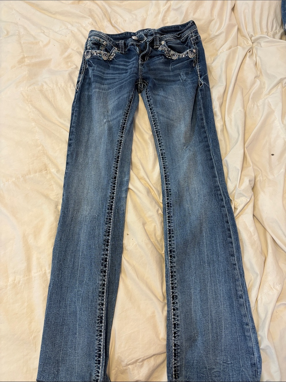 Grace in LA Dark Wash Flare Jeans with Embroidered Pockets